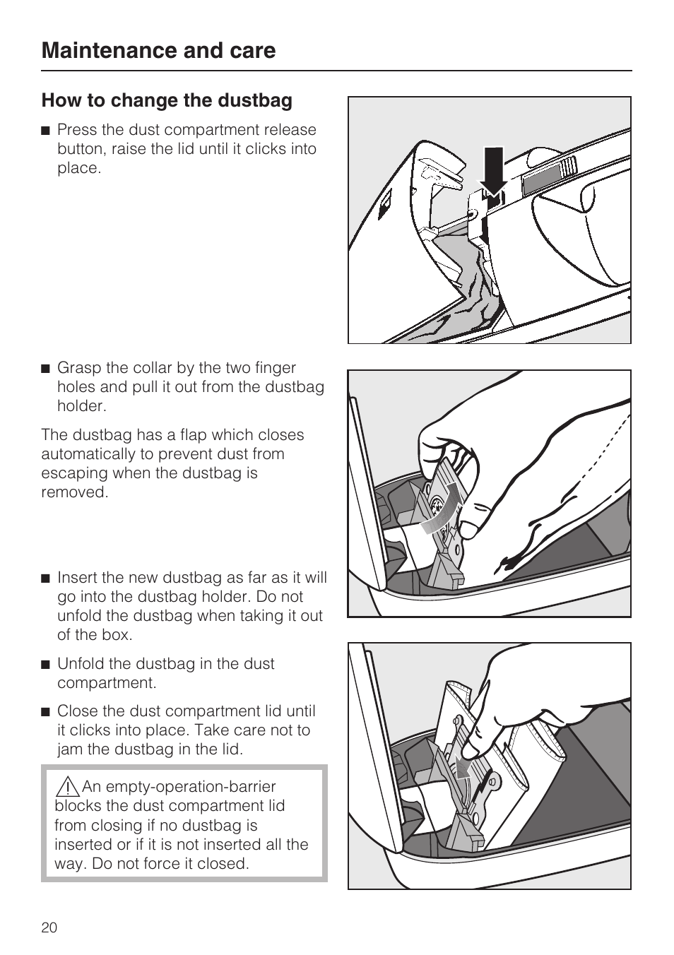 How to change the dustbag 20, Maintenance and care, How to change the dustbag | Miele S160 User Manual | Page 20 / 40