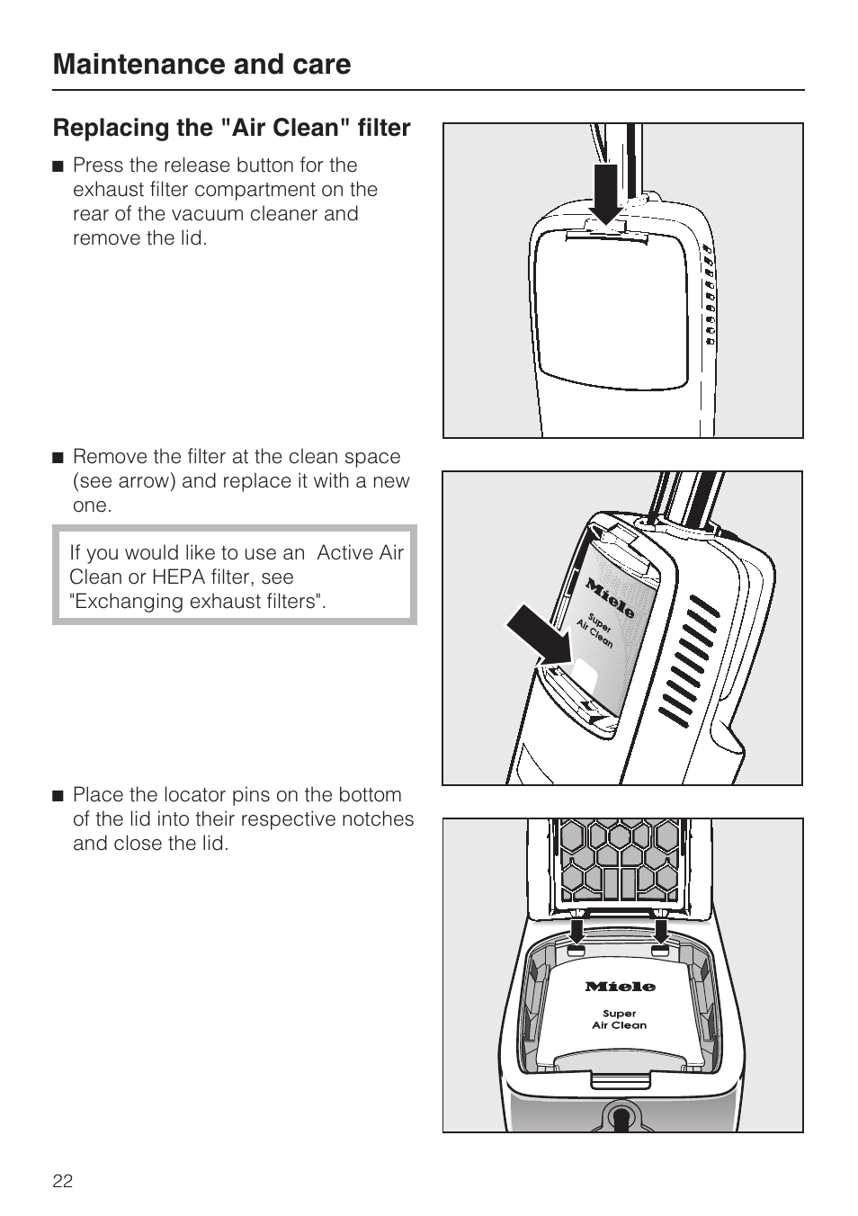 Replacing the "air clean" filter 22, Maintenance and care, Replacing the "air clean" filter | Miele S160 User Manual | Page 22 / 40