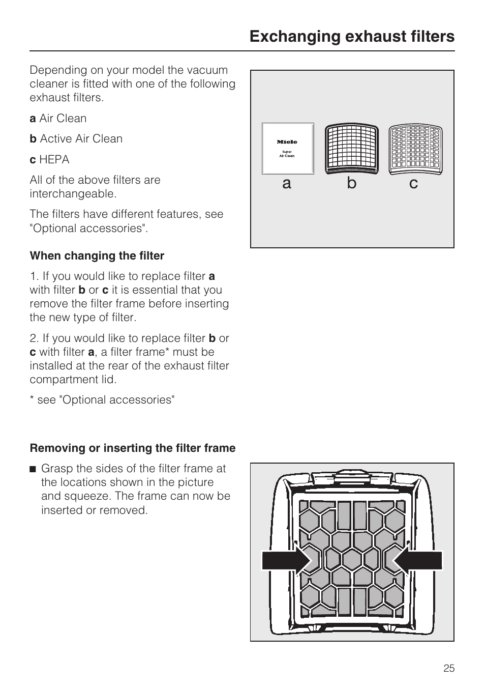 Exchanging exhaust filters 25, Exchanging exhaust filters | Miele S160 User Manual | Page 25 / 40