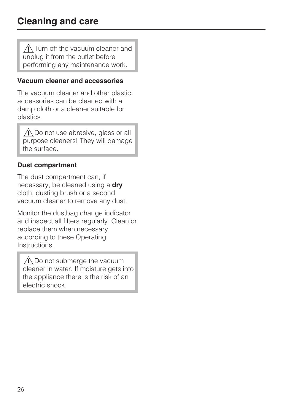 Cleaning and care 26, Cleaning and care | Miele S160 User Manual | Page 26 / 40