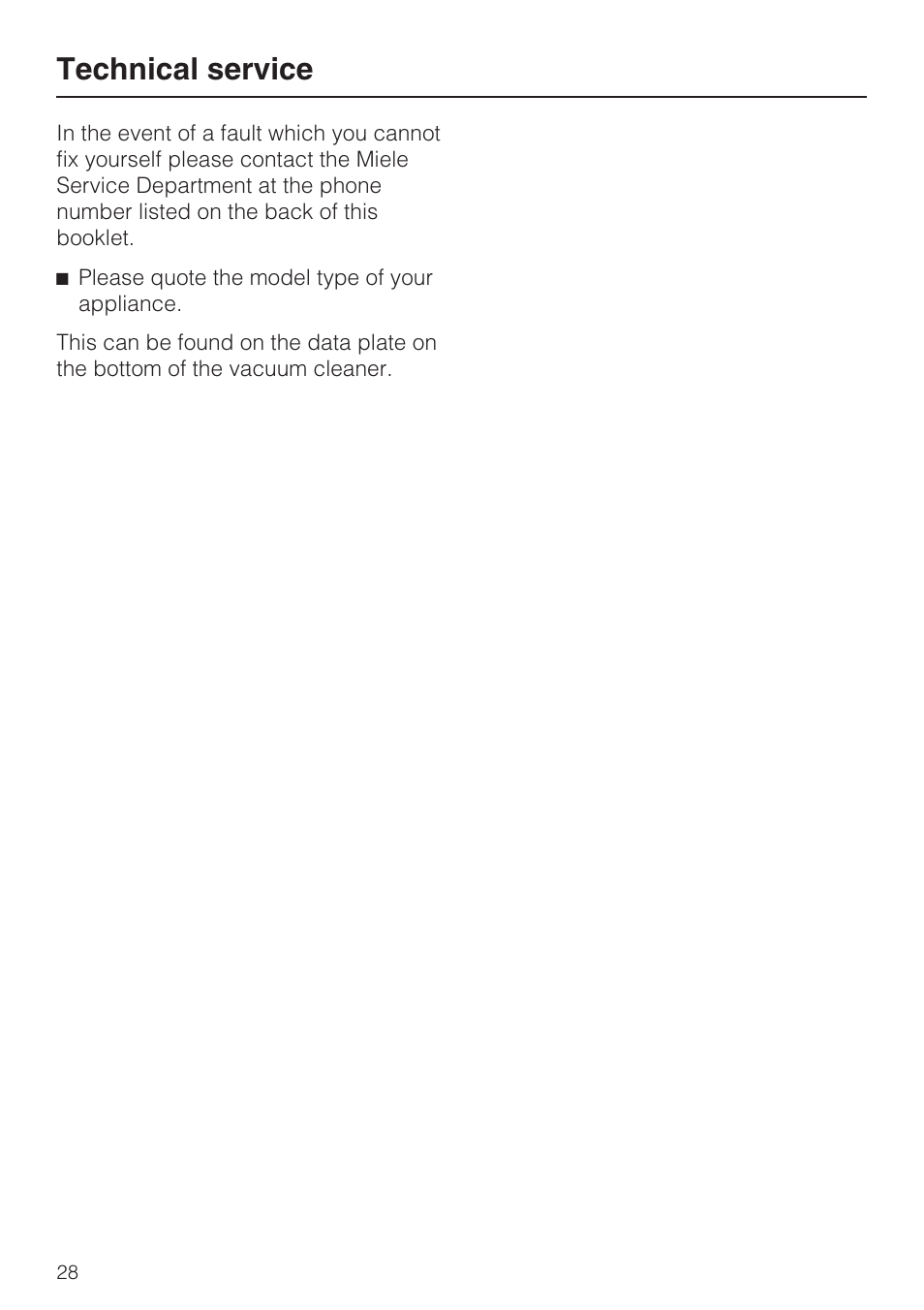 Technical service 28, Technical service | Miele S160 User Manual | Page 28 / 40