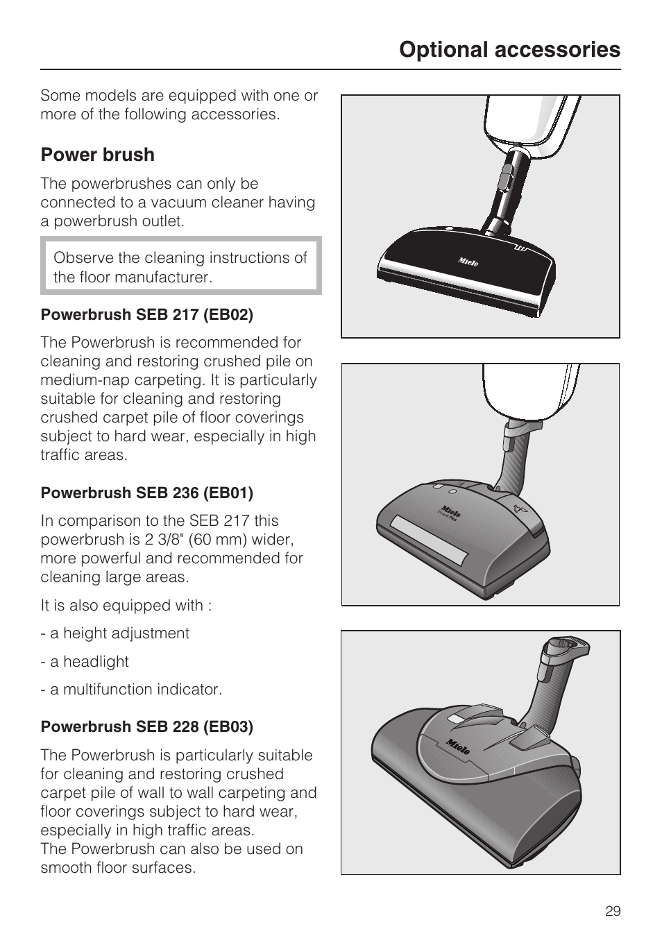 Optional accessories 29, Optional accessories, Power brush | Miele S160 User Manual | Page 29 / 40