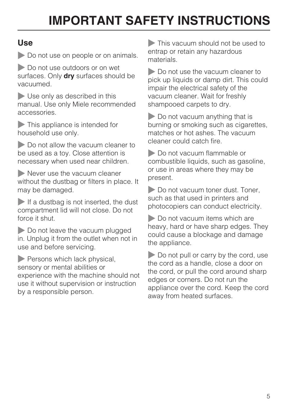 Important safety instructions | Miele S160 User Manual | Page 5 / 40