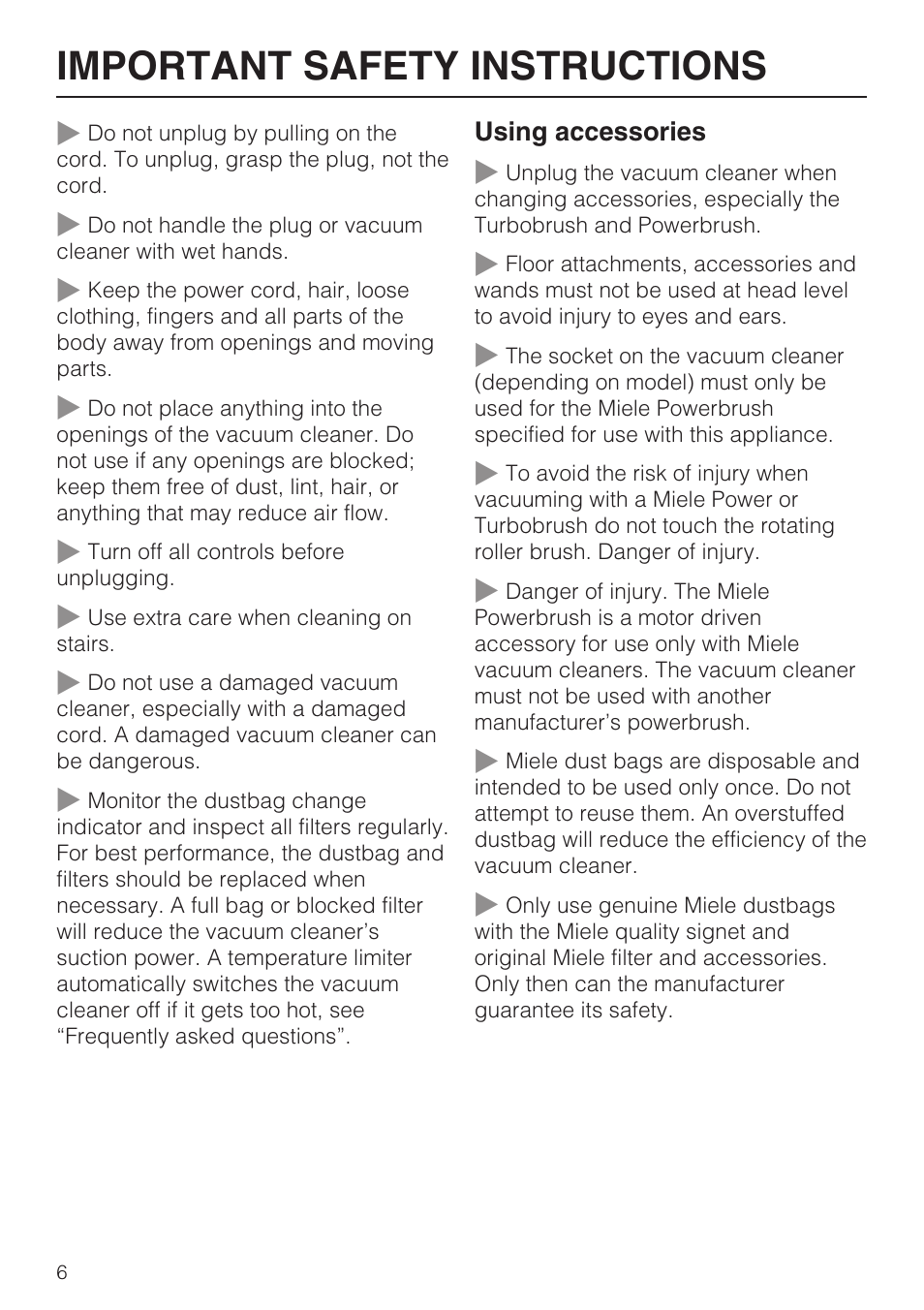 Important safety instructions | Miele S160 User Manual | Page 6 / 40