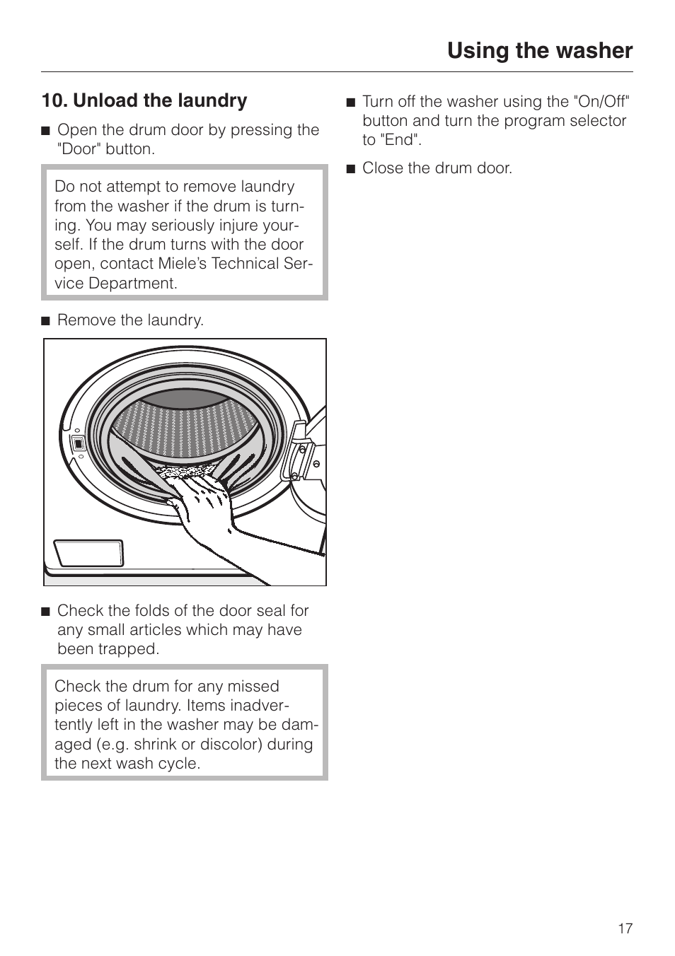 Unload the laundry 17, Unload the laundry, Using the washer | Miele NOVOTRONIC W 1986 User Manual | Page 17 / 52