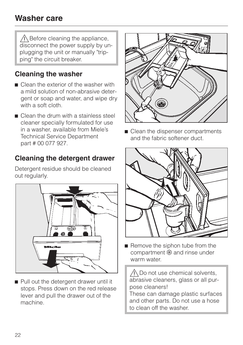 Washer care 22, Cleaning the washer 22, Cleaning the detergent drawer 22 | Washer care, Cleaning the washer cleaning the detergent drawer, Cleaning the washer, Cleaning the detergent drawer | Miele NOVOTRONIC W 1986 User Manual | Page 22 / 52