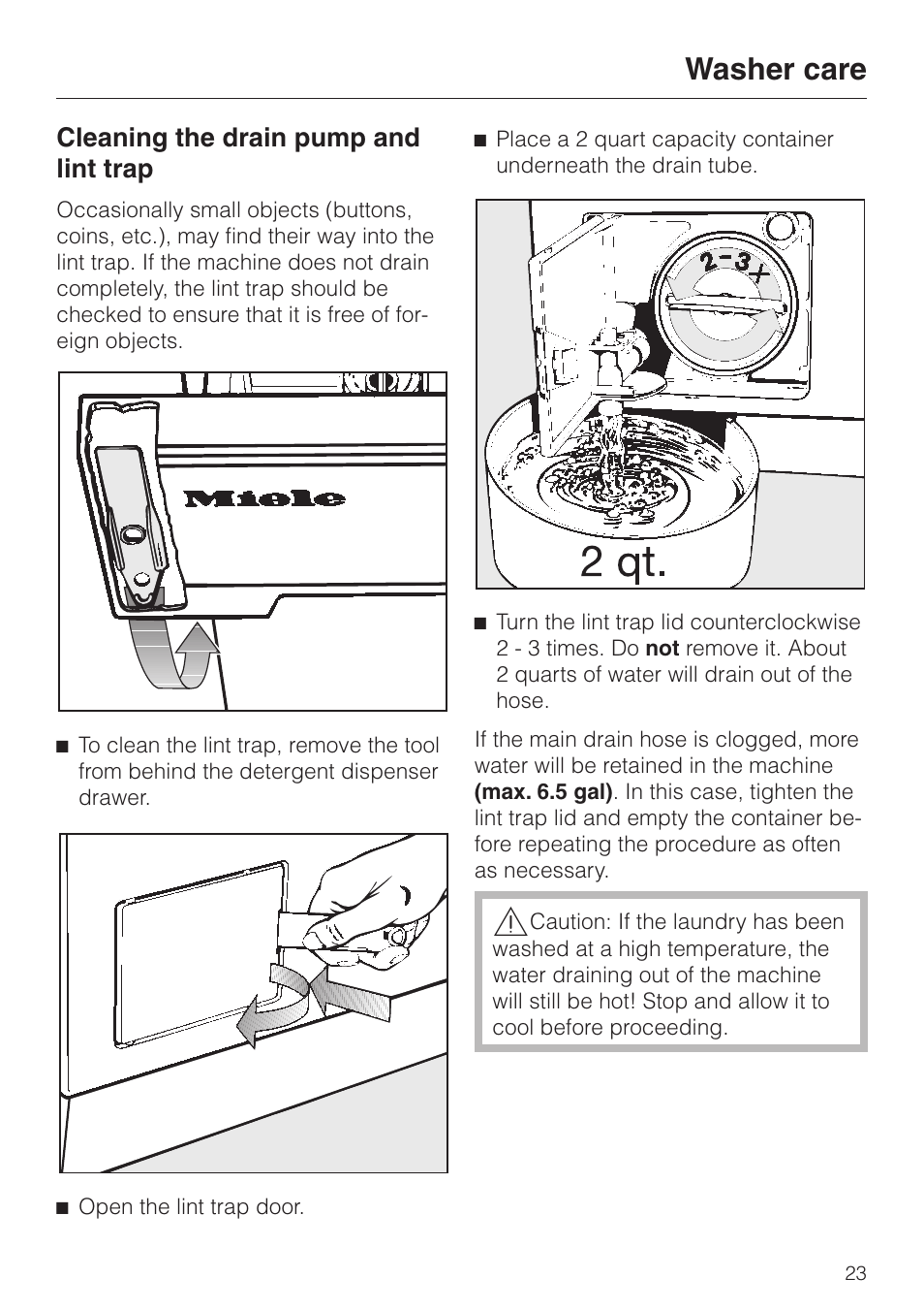 Cleaning the drain pump and lint trap 23, Cleaning the drain pump and lint trap, Washer care | Miele NOVOTRONIC W 1986 User Manual | Page 23 / 52