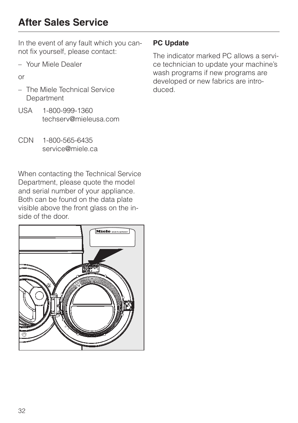 After sales service 32, Pc update 32, After sales service | Pc update | Miele NOVOTRONIC W 1986 User Manual | Page 36 / 52