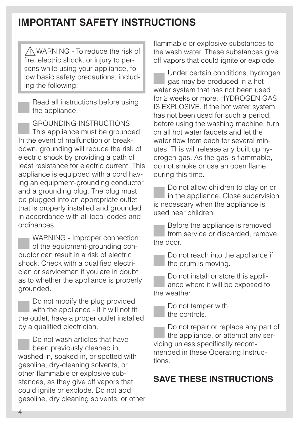 Important safety instructions 4, Important safety instructions, Save these instructions | Miele NOVOTRONIC W 1986 User Manual | Page 4 / 52
