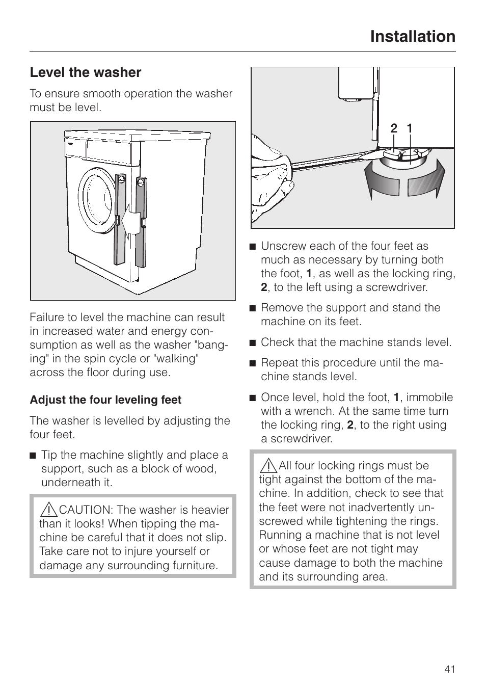 Level the washer 41, Adjust the four leveling feet 41, Level the washer | Adjust the four leveling feet, Installation | Miele NOVOTRONIC W 1986 User Manual | Page 45 / 52