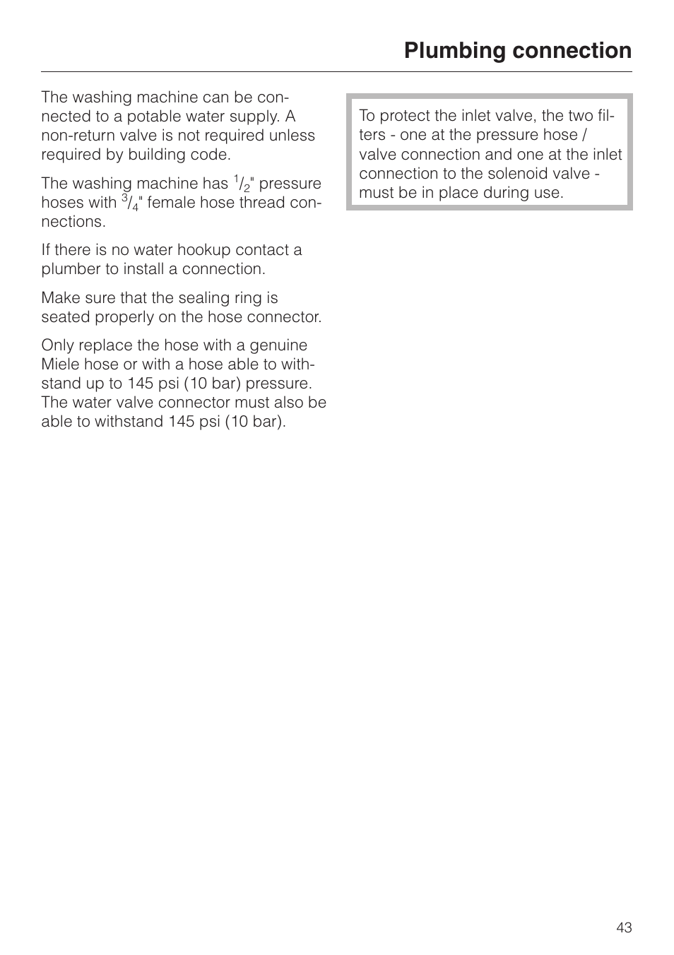 Plumbing connection | Miele NOVOTRONIC W 1986 User Manual | Page 47 / 52
