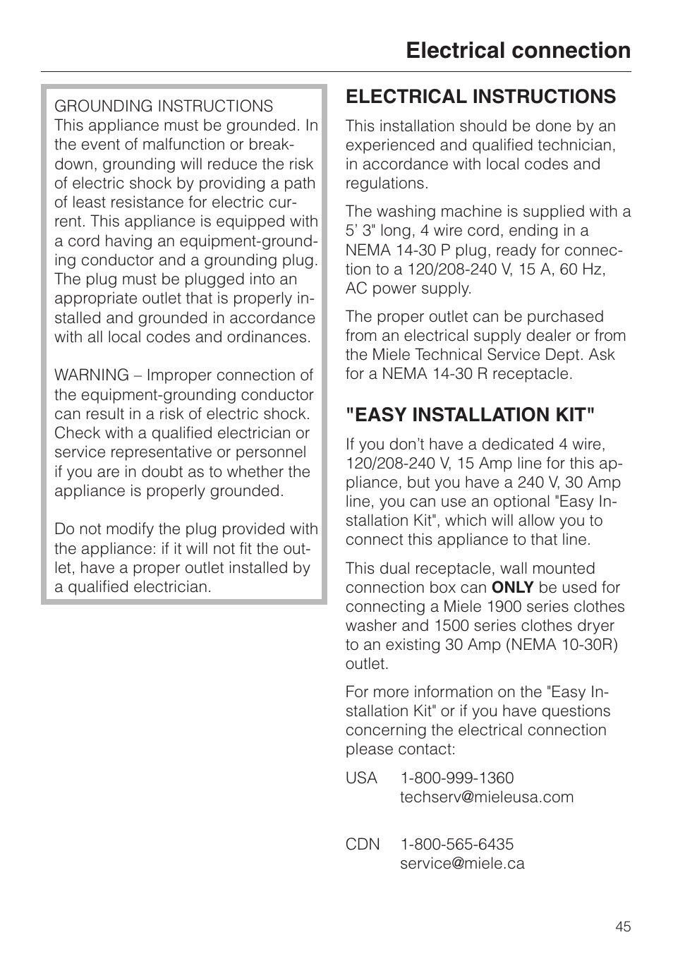 Electrical connection 45, Electrical connection, Electrical instructions | Easy installation kit | Miele NOVOTRONIC W 1986 User Manual | Page 49 / 52