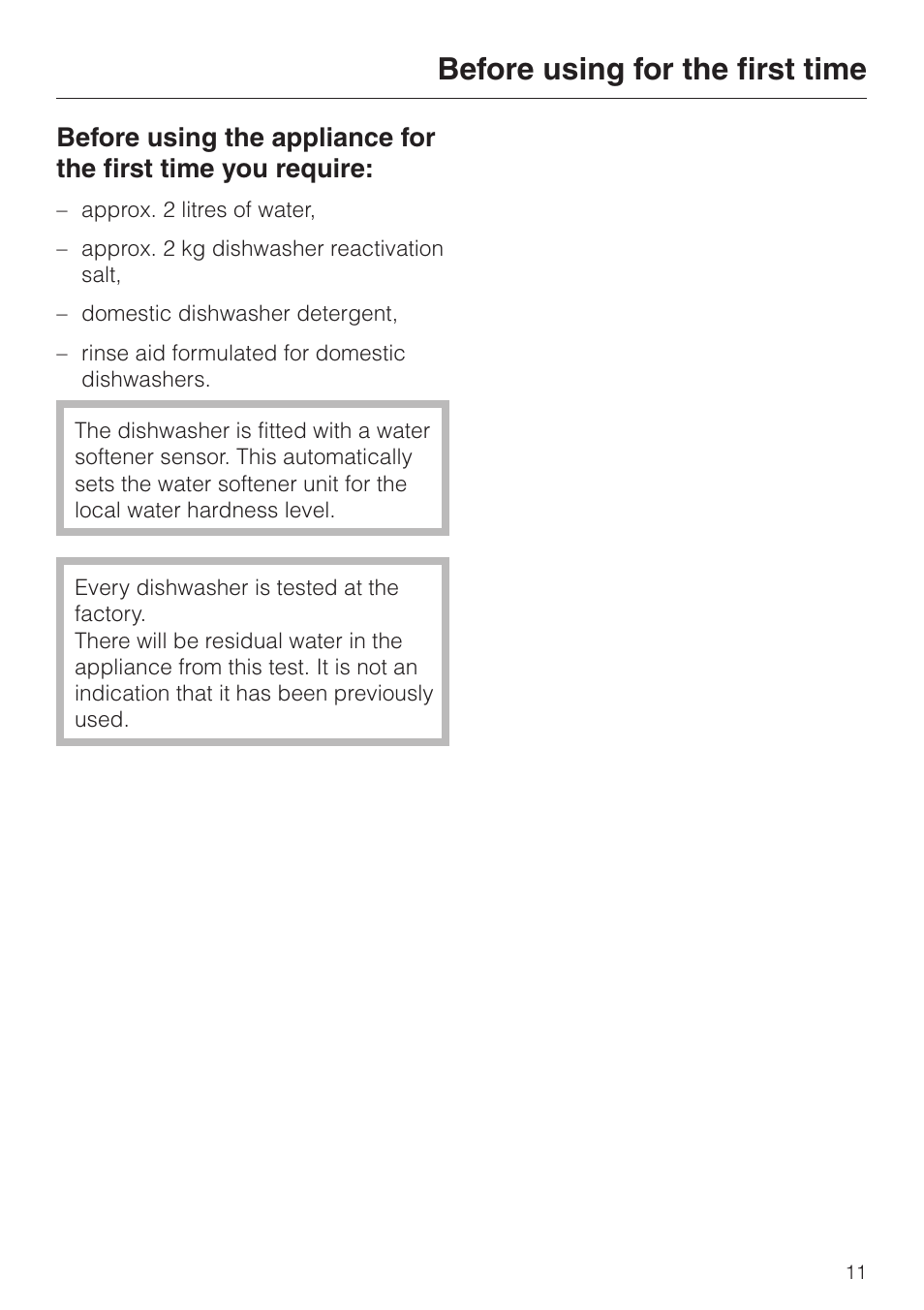 Before using for the first time 11, Before using for the first time | Miele dishwashers User Manual | Page 11 / 64
