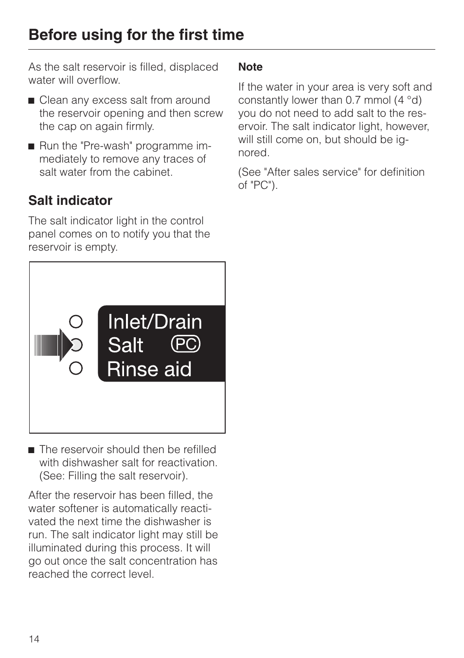 Salt indicator 14, Salt indicator, Before using for the first time | Miele dishwashers User Manual | Page 14 / 64