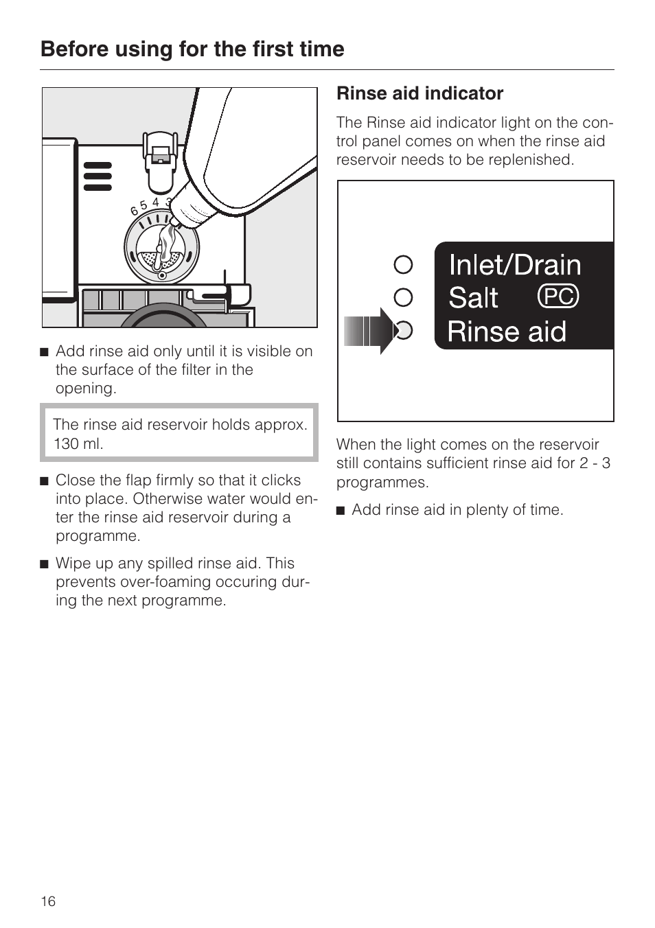 Rinse aid indicator 16, Rinse aid indicator, Before using for the first time | Miele dishwashers User Manual | Page 16 / 64