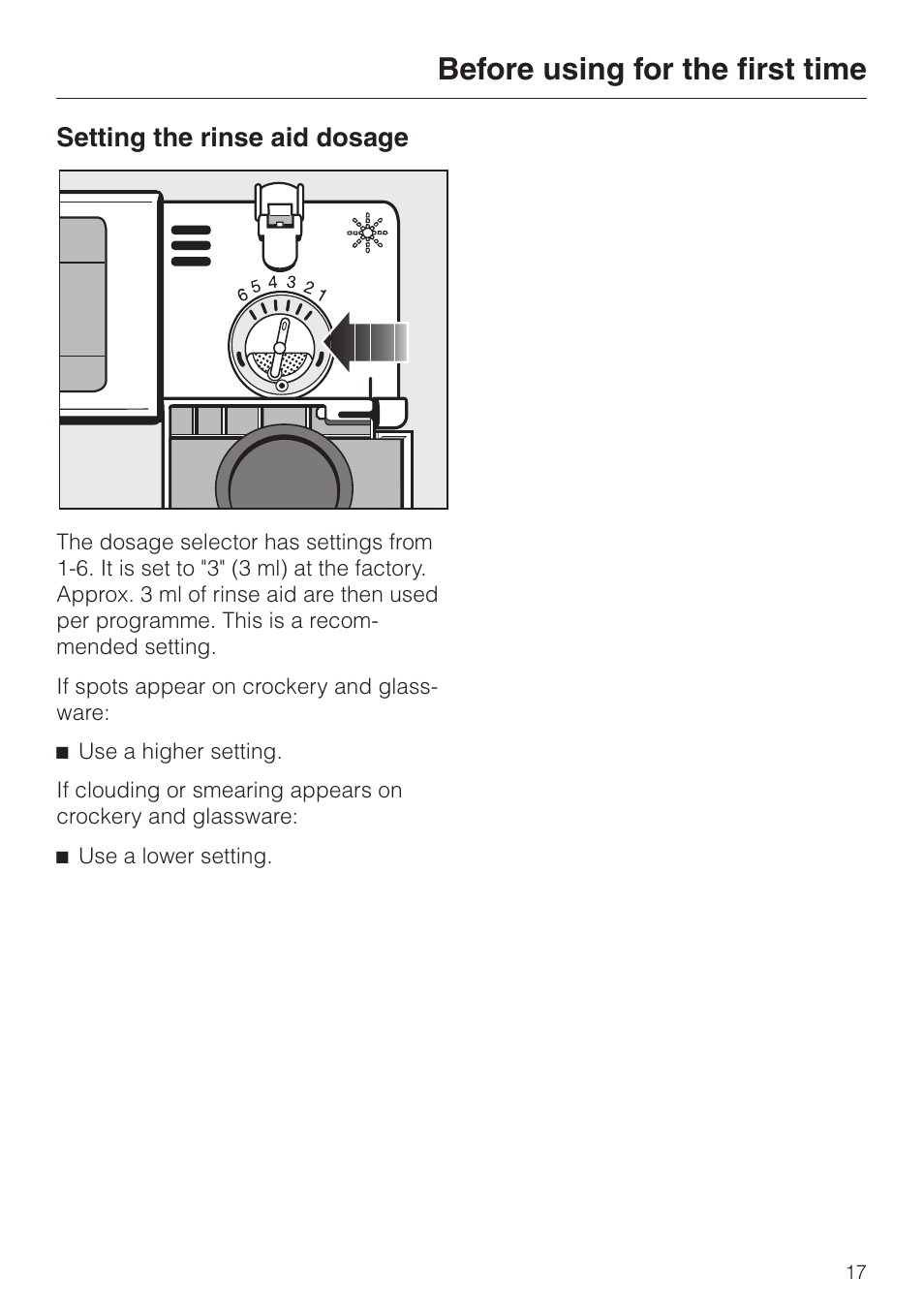 Setting the rinse aid dosage 17, Setting the rinse aid dosage, Before using for the first time | Miele dishwashers User Manual | Page 17 / 64
