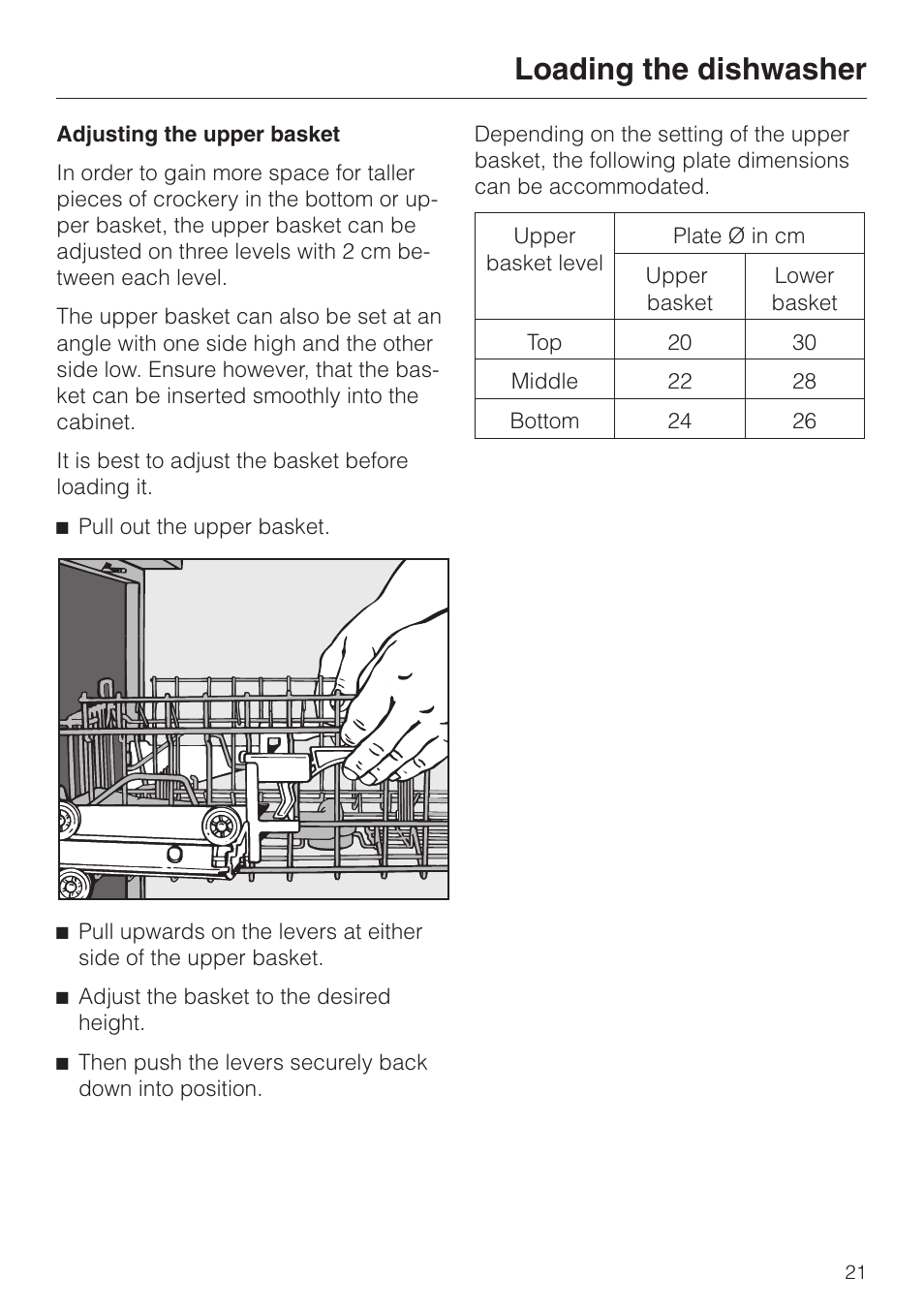 Adjusting the upper basket 21, Adjusting the upper basket, Loading the dishwasher | Miele dishwashers User Manual | Page 21 / 64