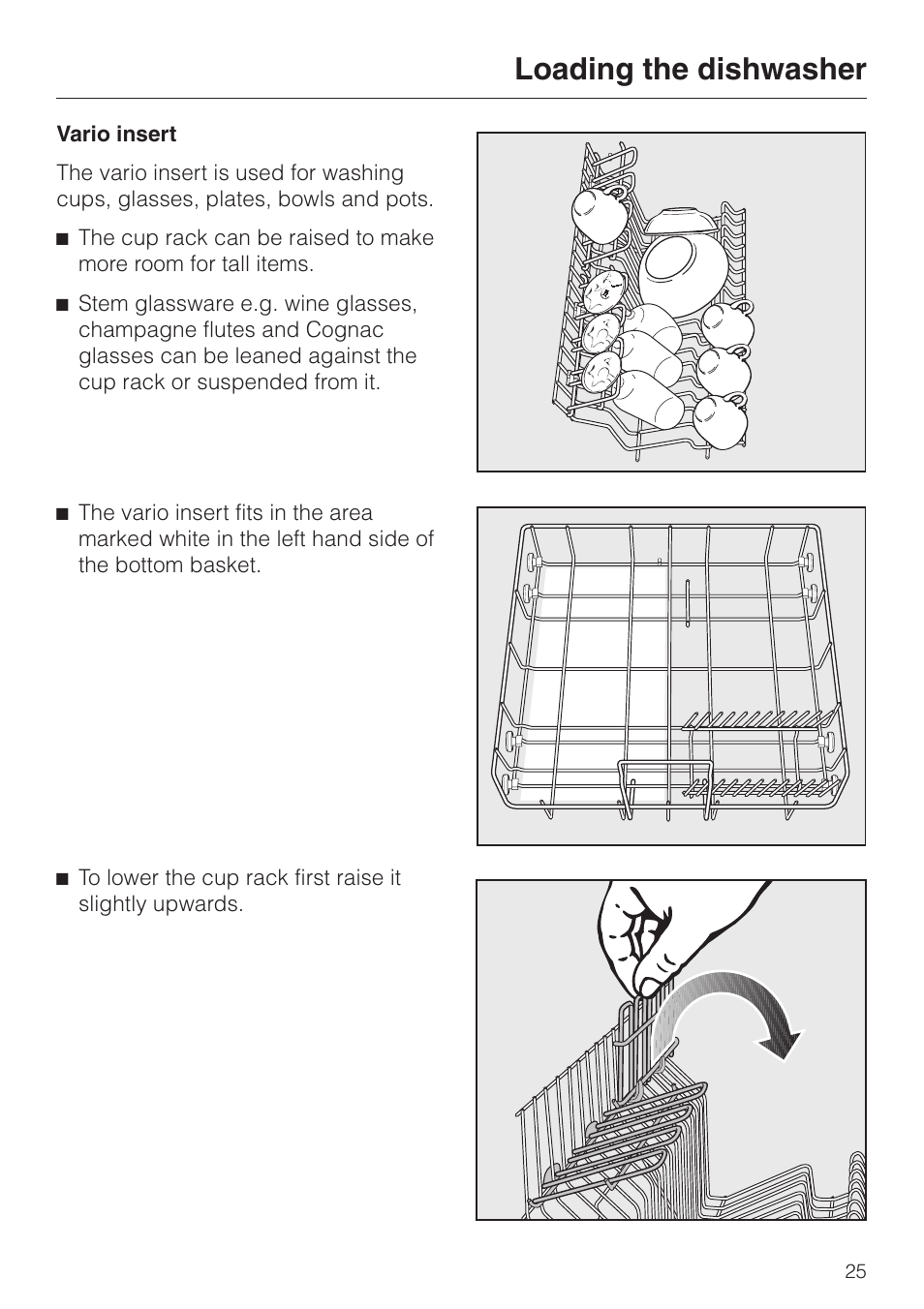 Vario insert 25, Vario insert, Loading the dishwasher | Miele dishwashers User Manual | Page 25 / 64