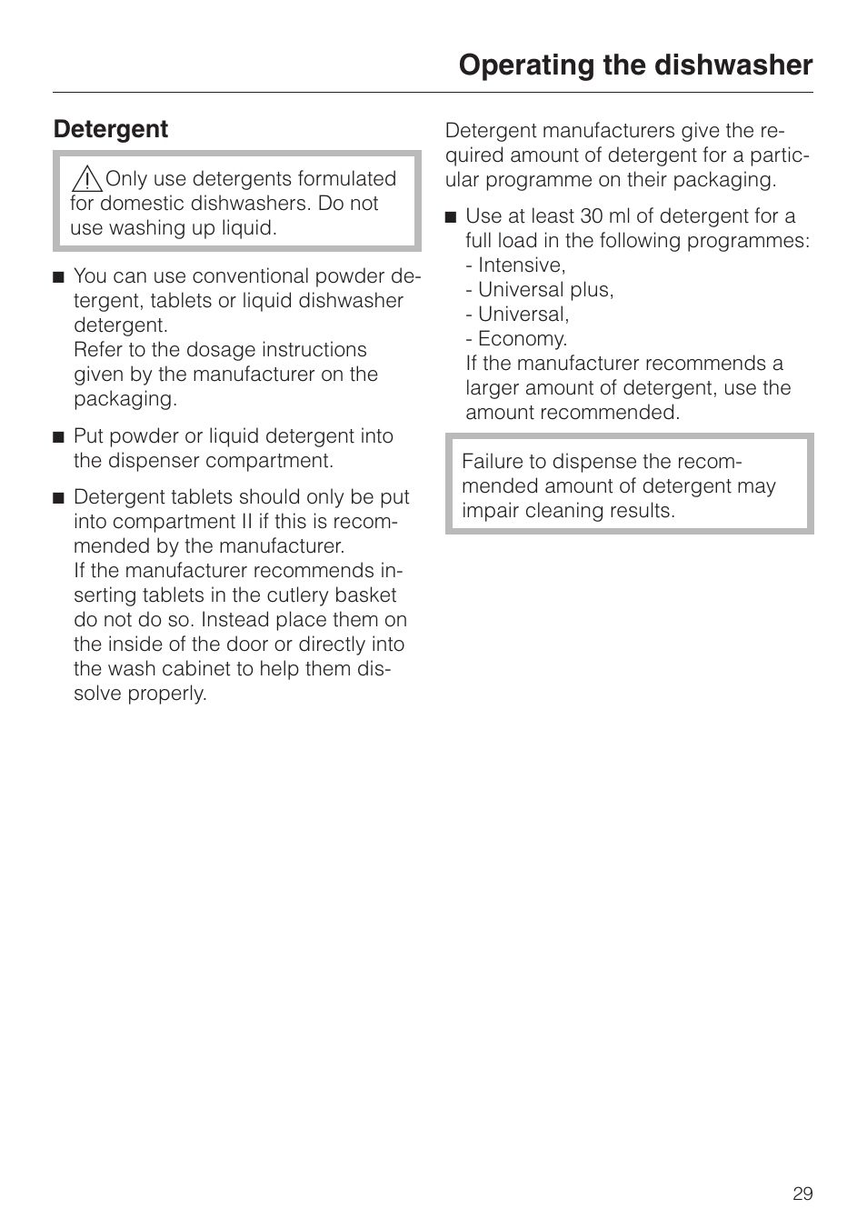 Operating the dishwasher 29, Detergent 29, Operating the dishwasher | Detergent | Miele dishwashers User Manual | Page 29 / 64