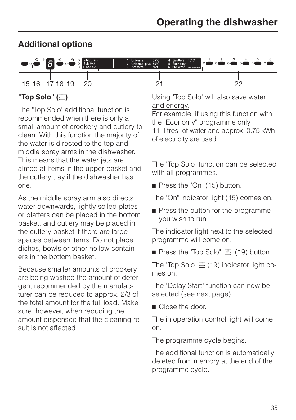 Additional options 35, Top solo" ( 2 ) 35, Additional options | Top solo, Operating the dishwasher | Miele dishwashers User Manual | Page 35 / 64