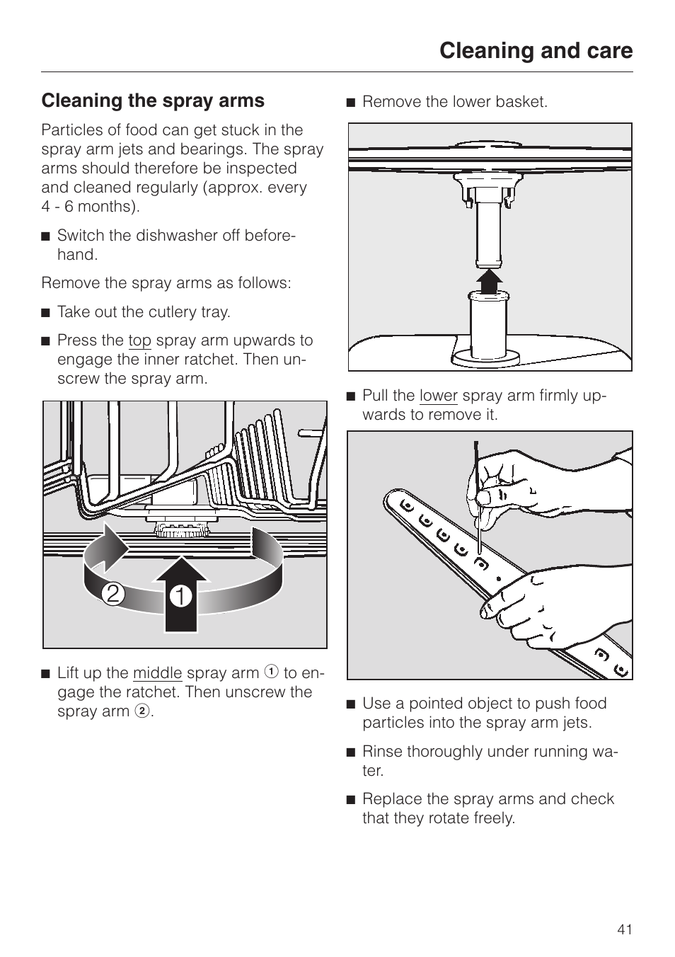 Cleaning the spray arms 41, Cleaning the spray arms, Cleaning and care | Miele dishwashers User Manual | Page 41 / 64