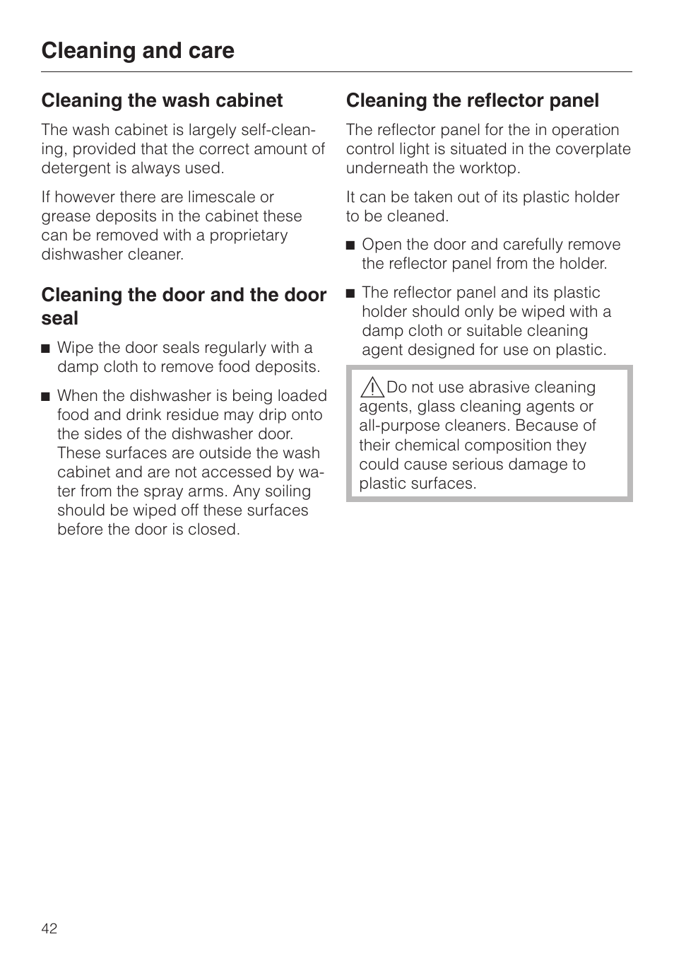 Cleaning the wash cabinet 42, Cleaning the door and the door seal 42, Cleaning the reflector panel 42 | Cleaning and care | Miele dishwashers User Manual | Page 42 / 64