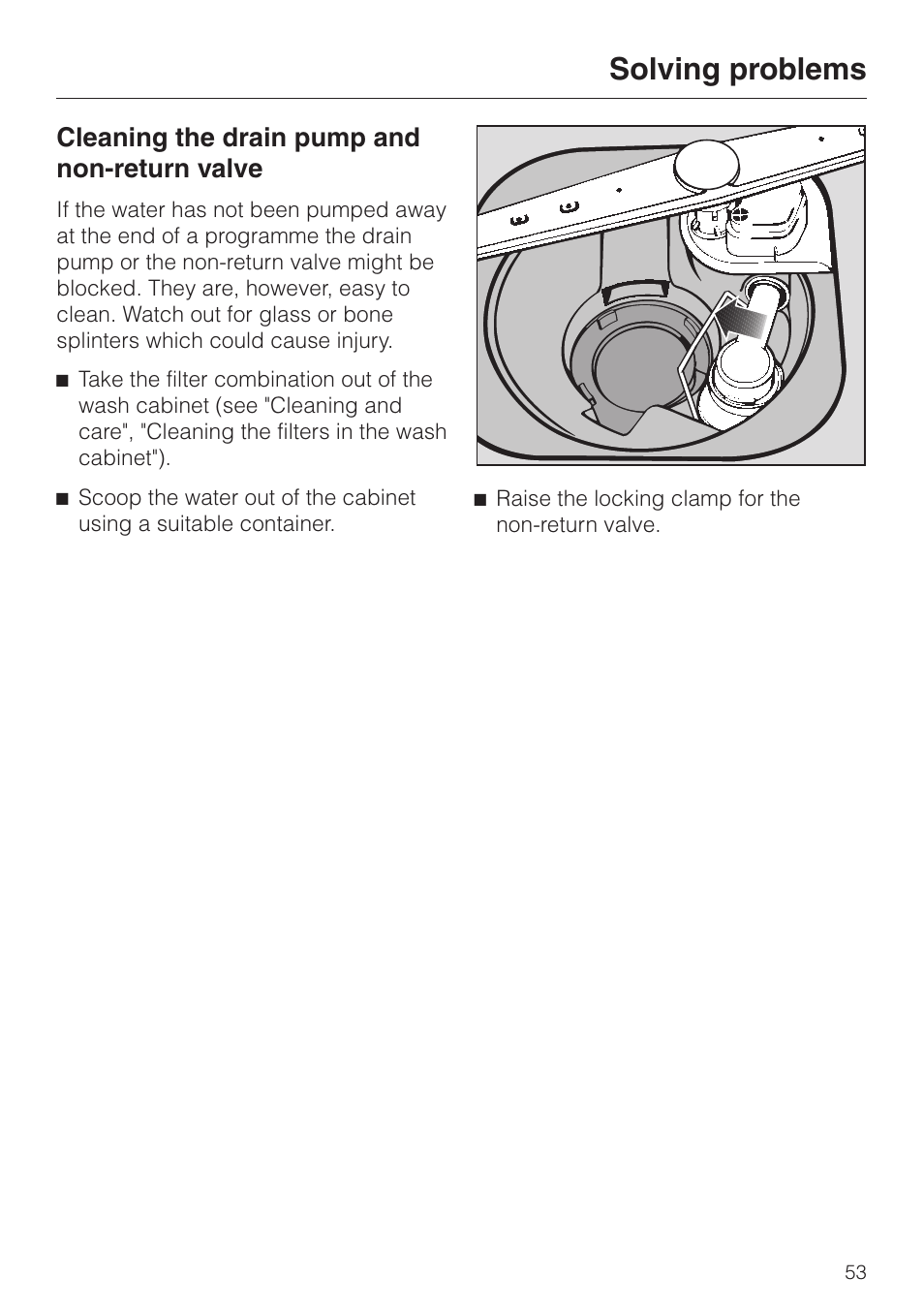 Cleaning the drain pump and non-return valve 53, Cleaning the drain pump and non-return valve, Solving problems | Miele dishwashers User Manual | Page 53 / 64