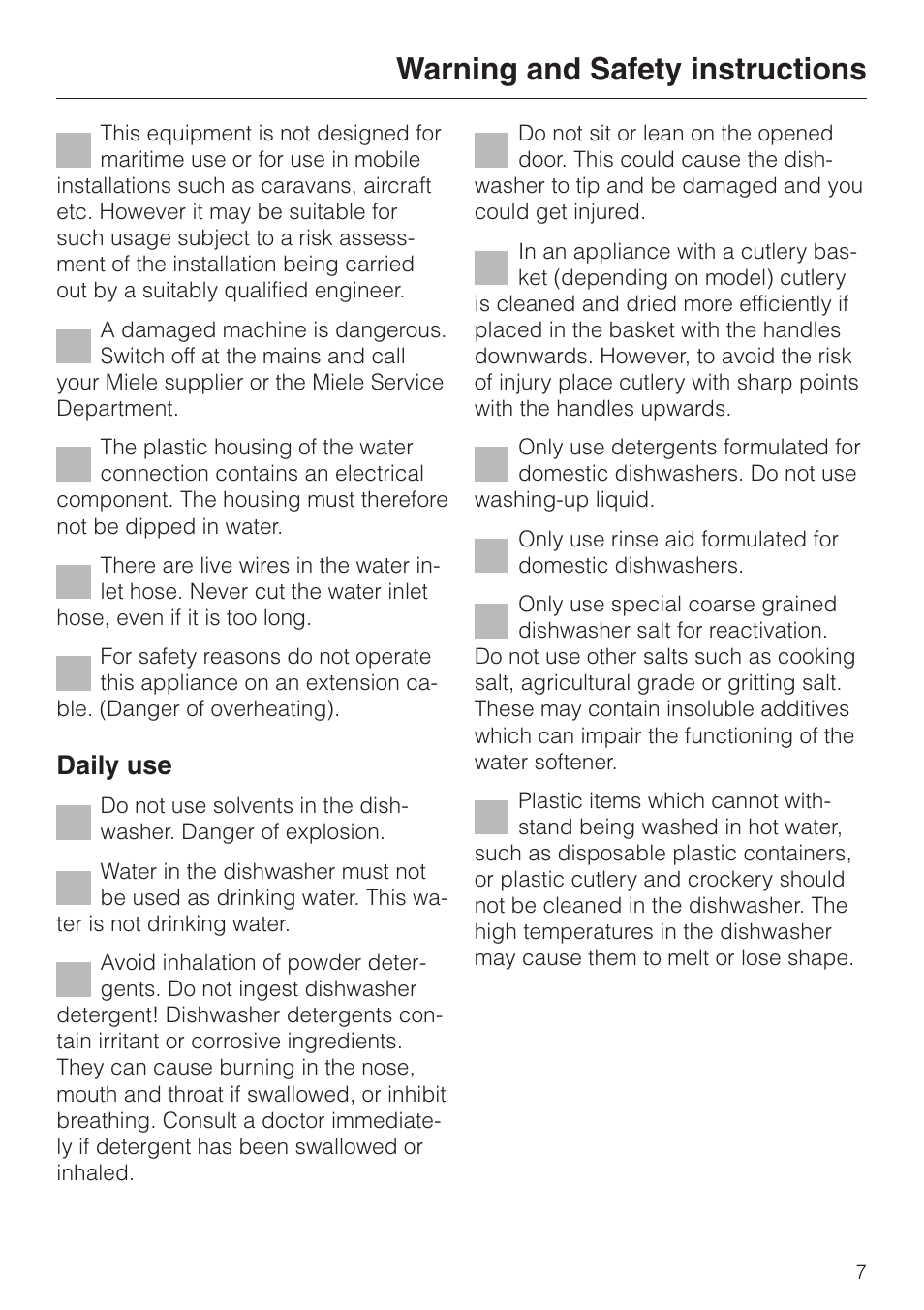Warning and safety instructions, Daily use | Miele dishwashers User Manual | Page 7 / 64