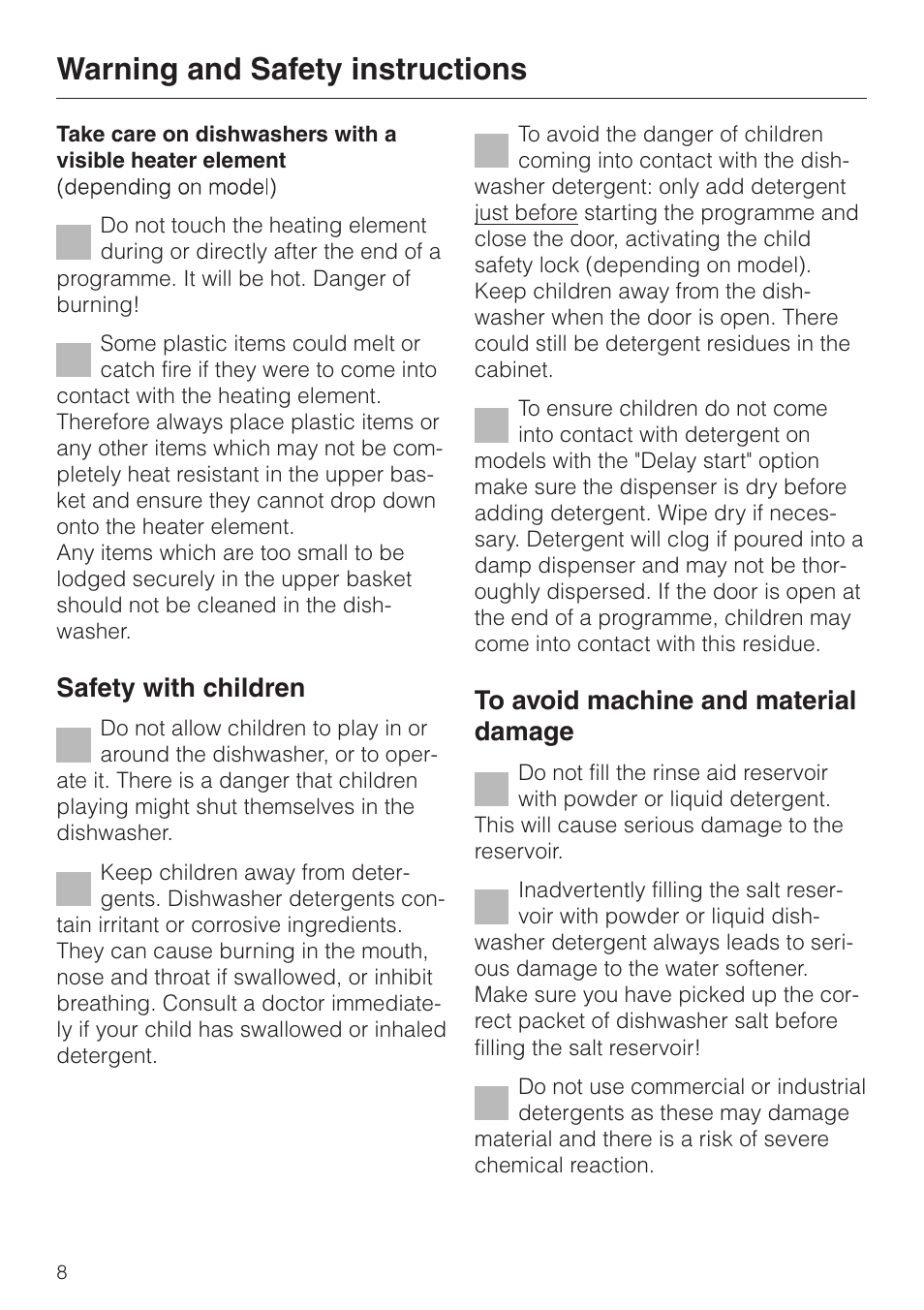Warning and safety instructions, Safety with children | Miele dishwashers User Manual | Page 8 / 64