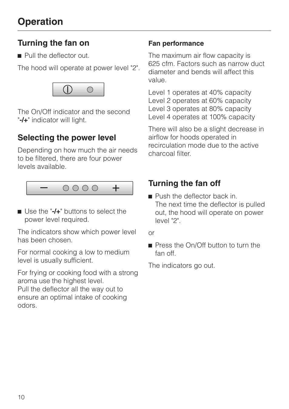 Operation 10, Turning the fan on 10, Selecting the power level 10 | Turning the fan off 10, Operation, Turning the fan on, Selecting the power level, Turning the fan off | Miele DA3190 User Manual | Page 10 / 36