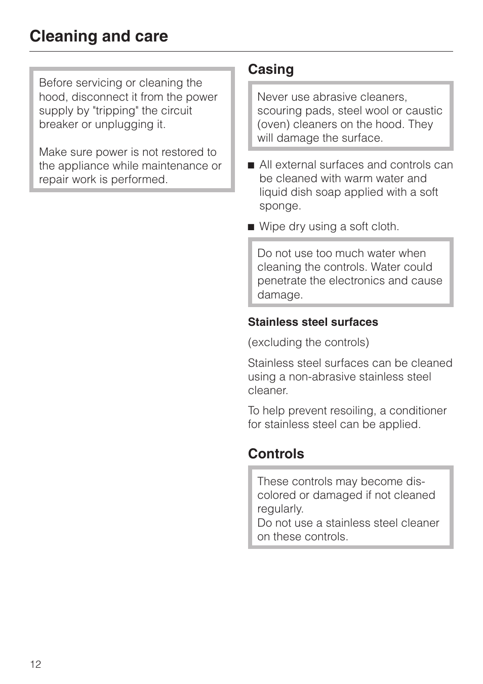Cleaning and care 12, Cleaning and care, Casing | Controls | Miele DA3190 User Manual | Page 12 / 36