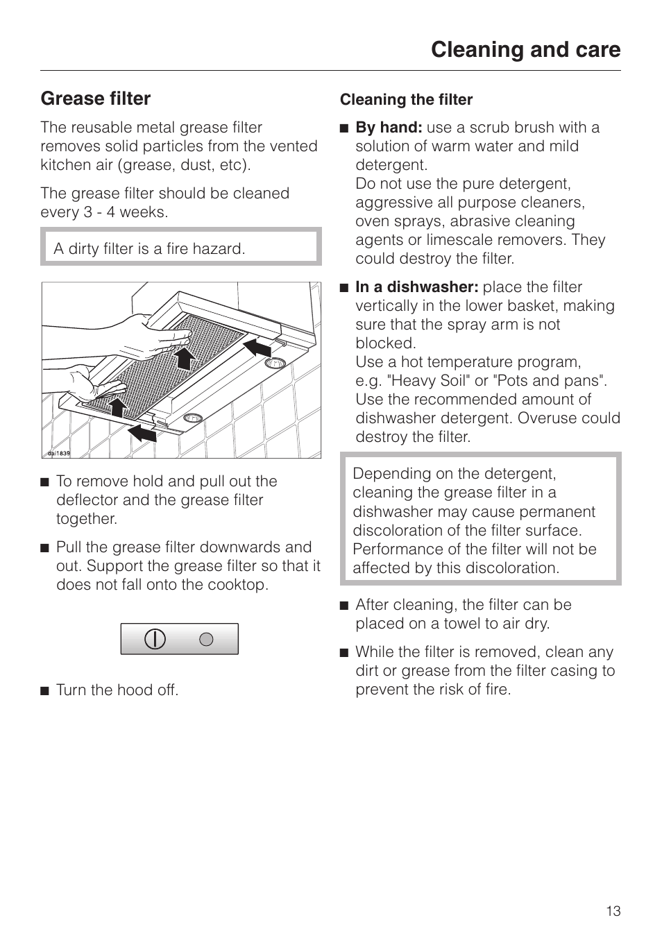 Grease filter 13, Cleaning and care, Grease filter | Miele DA3190 User Manual | Page 13 / 36