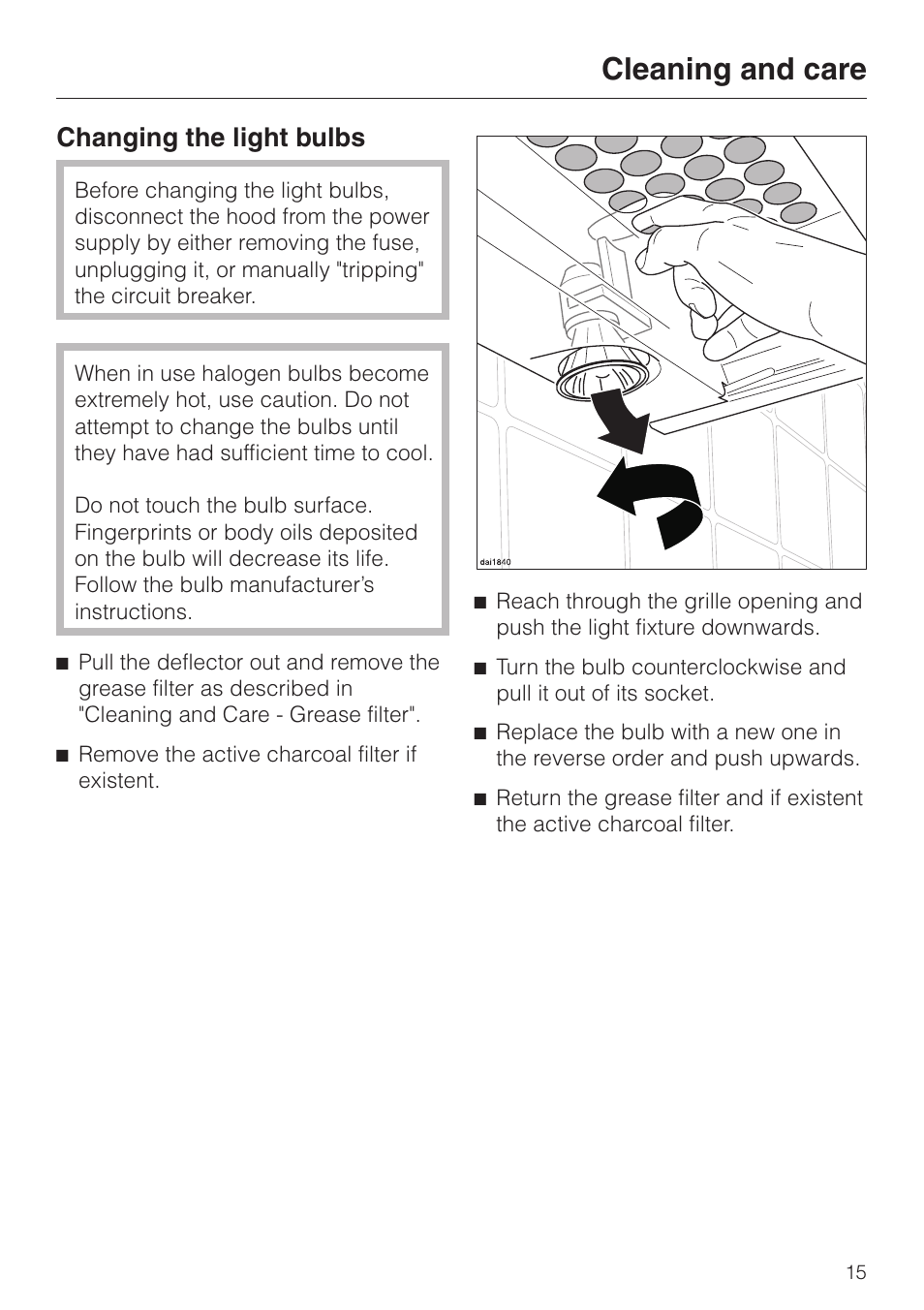 Changing the light bulbs 15, Cleaning and care, Changing the light bulbs | Miele DA3190 User Manual | Page 15 / 36