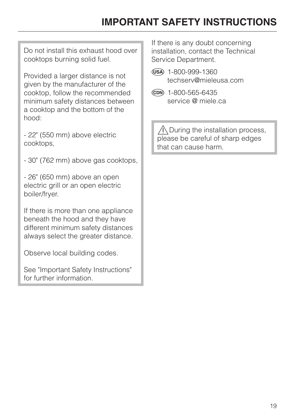 Important safety instructions 19, Important safety instructions | Miele DA3190 User Manual | Page 19 / 36