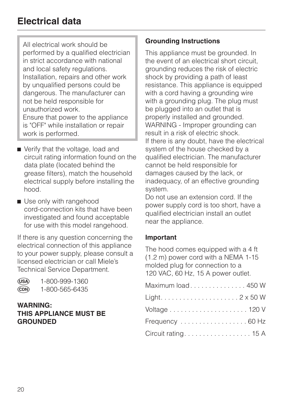 Electrical data 20, Electrical data | Miele DA3190 User Manual | Page 20 / 36