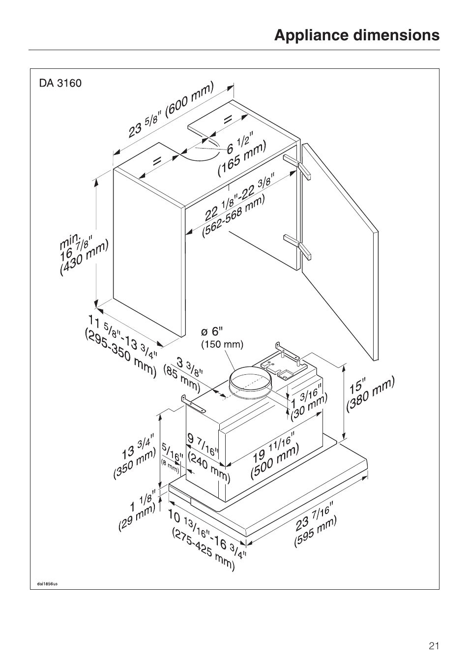 Appliance dimensions 21, Appliance dimensions | Miele DA3190 User Manual | Page 21 / 36