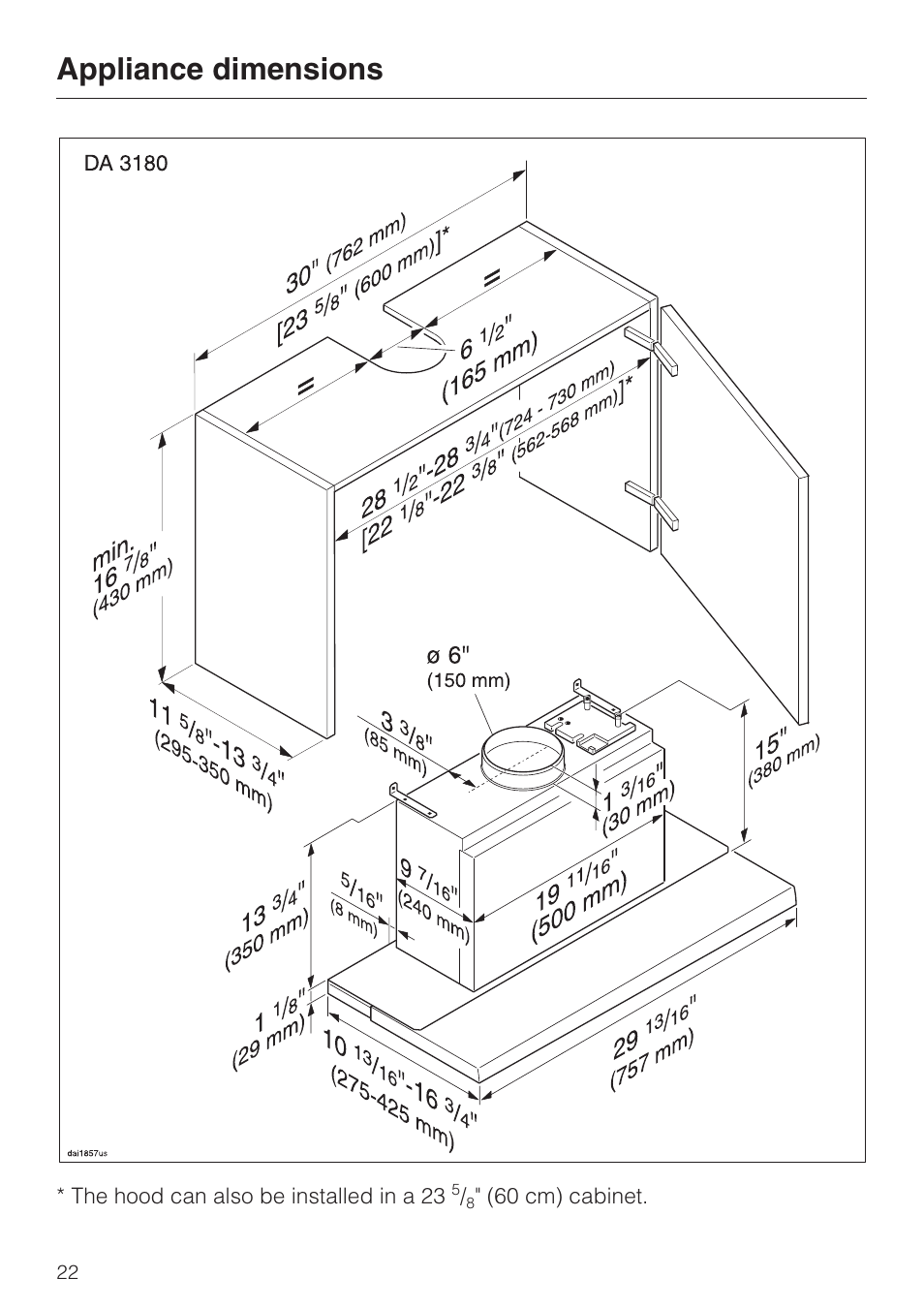 Appliance dimensions | Miele DA3190 User Manual | Page 22 / 36