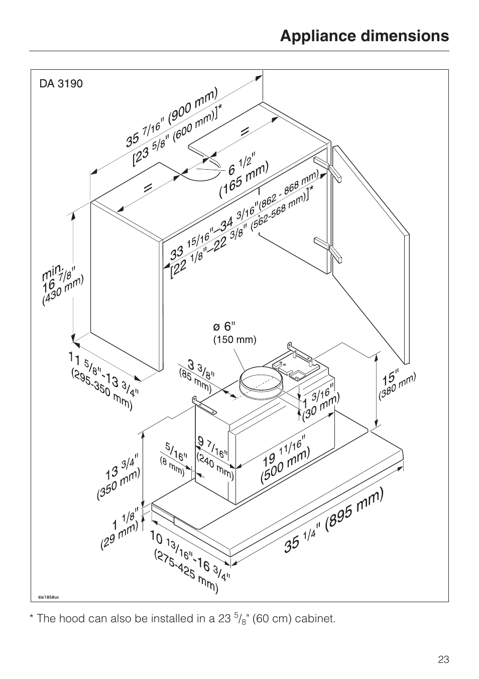 Appliance dimensions | Miele DA3190 User Manual | Page 23 / 36
