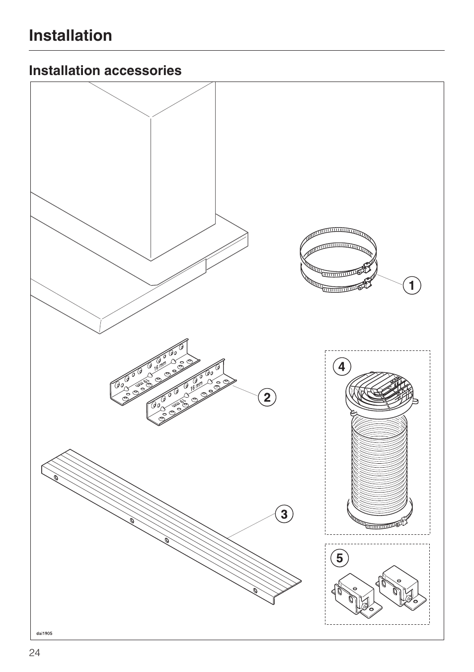 Installation 24, Installation accessories 24, Installation | Miele DA3190 User Manual | Page 24 / 36
