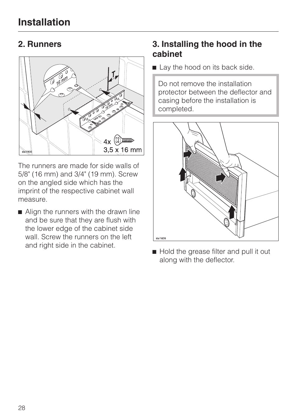 Runners 28, Installing the hood in the cabinet 28, Installation | Runners, Installing the hood in the cabinet | Miele DA3190 User Manual | Page 28 / 36