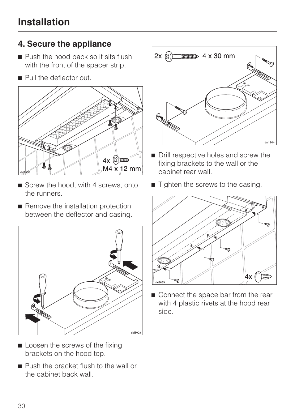 Secure the appliance 30, Installation, Secure the appliance | Miele DA3190 User Manual | Page 30 / 36