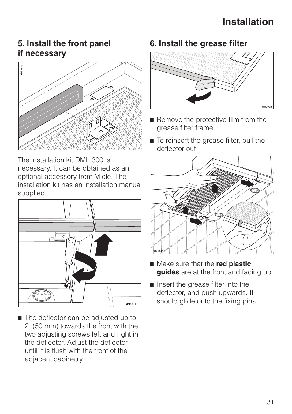 Install the front panel if necessary 31, Install the grease filter 31, Installation | Install the front panel if necessary, Install the grease filter | Miele DA3190 User Manual | Page 31 / 36