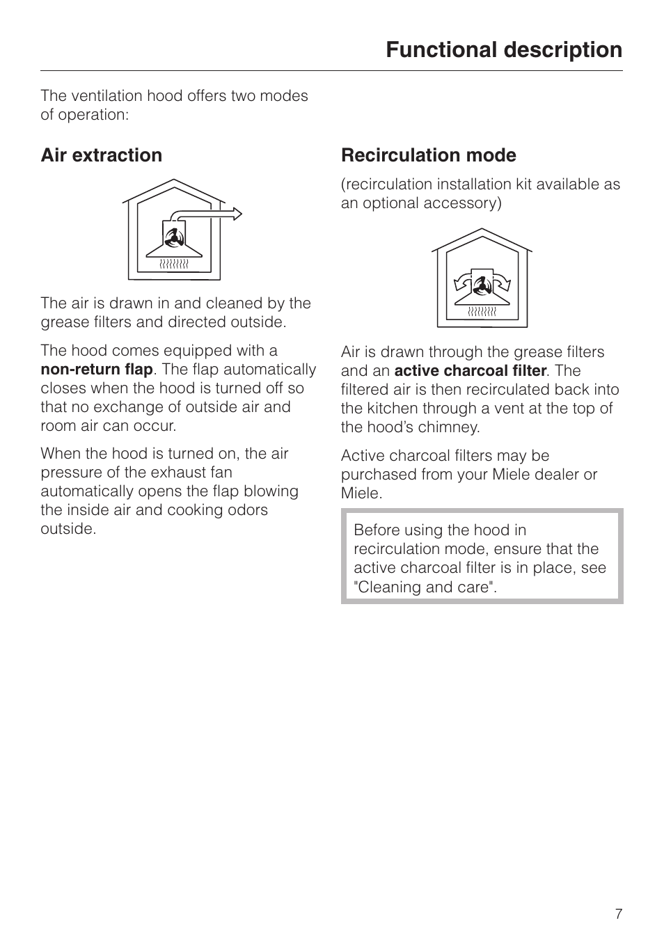 Functional description 7, Functional description, Air extraction | Recirculation mode | Miele DA3190 User Manual | Page 7 / 36
