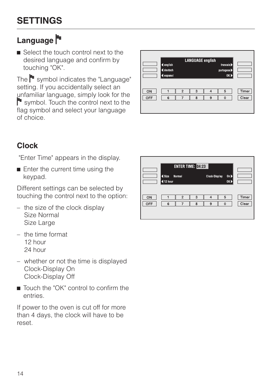 Language f 14, Clock 14, Language | Clock, Settings, Language f | Miele H396B User Manual | Page 14 / 80