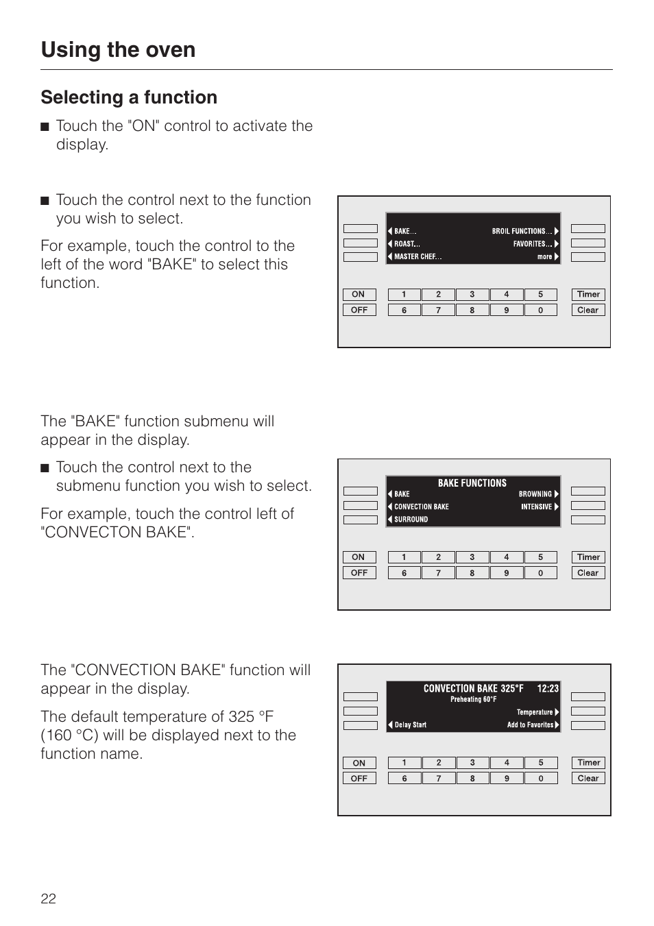 Using the oven 22, Selecting a function 22, Using the oven | Selecting a function | Miele H396B User Manual | Page 22 / 80