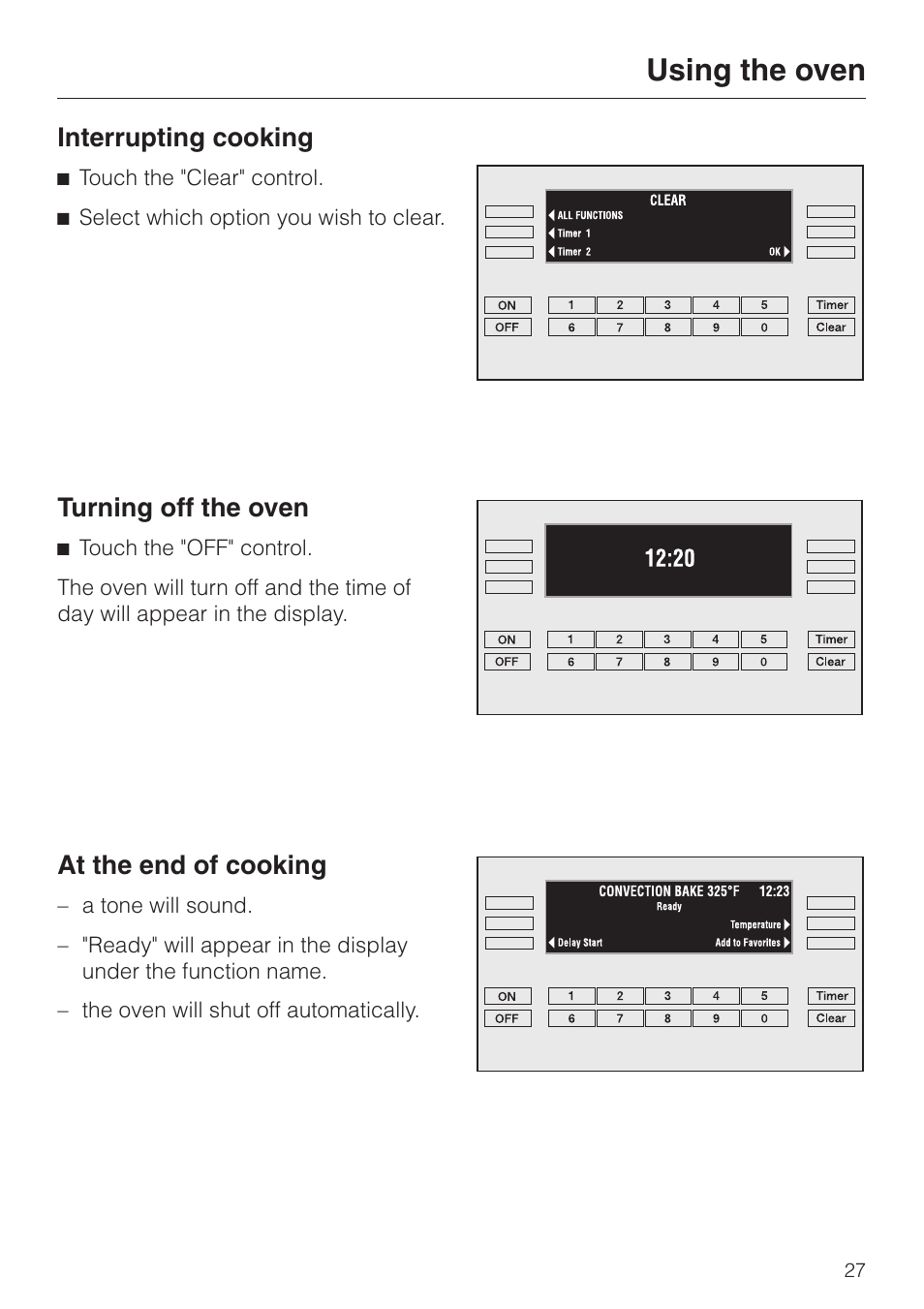 Interrupting cooking 27, Turning off the oven 27, At the end of cooking 27 | Using the oven | Miele H396B User Manual | Page 27 / 80