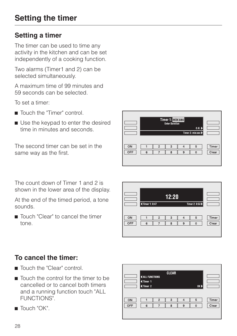 Setting the timer 28, Setting the timer, Setting a timer | Miele H396B User Manual | Page 28 / 80