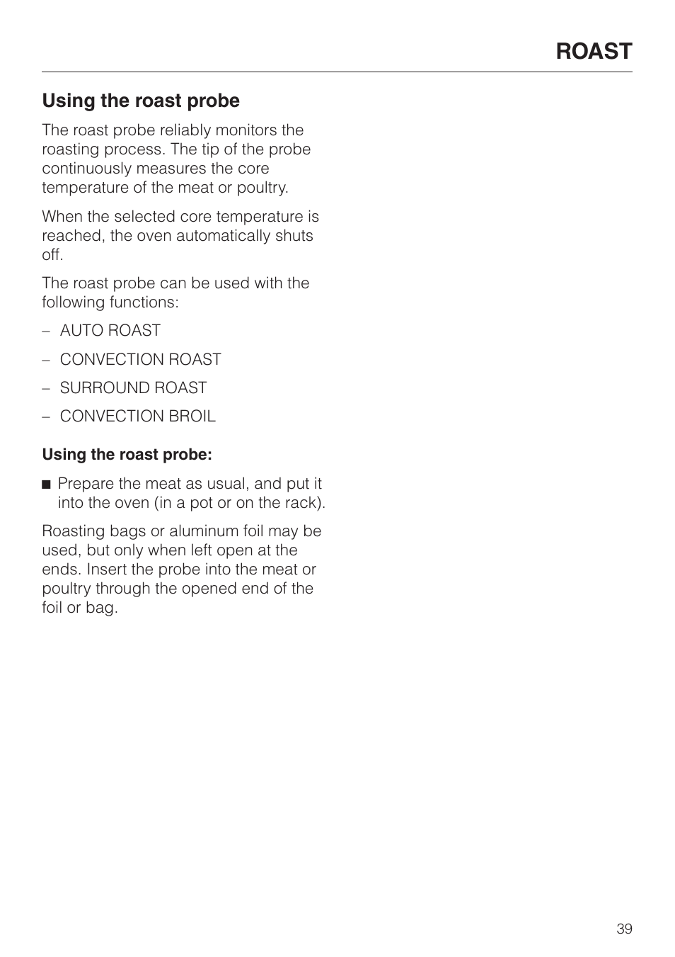 Using the roast probe 39, Using the roast probe, Roast | Miele H396B User Manual | Page 39 / 80