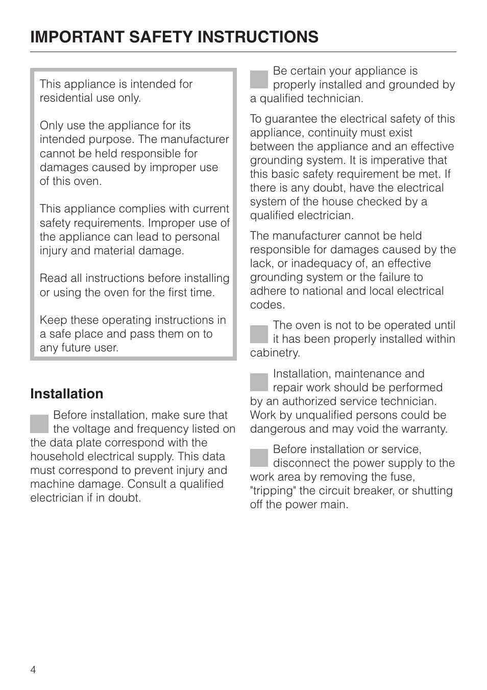 Important safety instructions 4, Important safety instructions, Installation | Miele H396B User Manual | Page 4 / 80