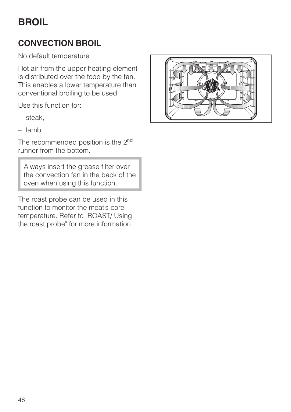 Broil, Convection broil | Miele H396B User Manual | Page 48 / 80